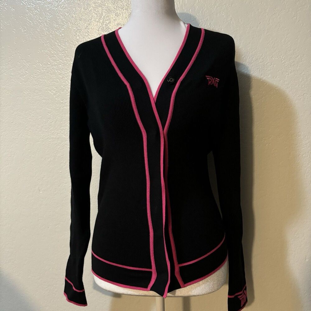 PXG Women's Varsity V-Neck Ribbed Piped Cardigan Black Pink SZ S